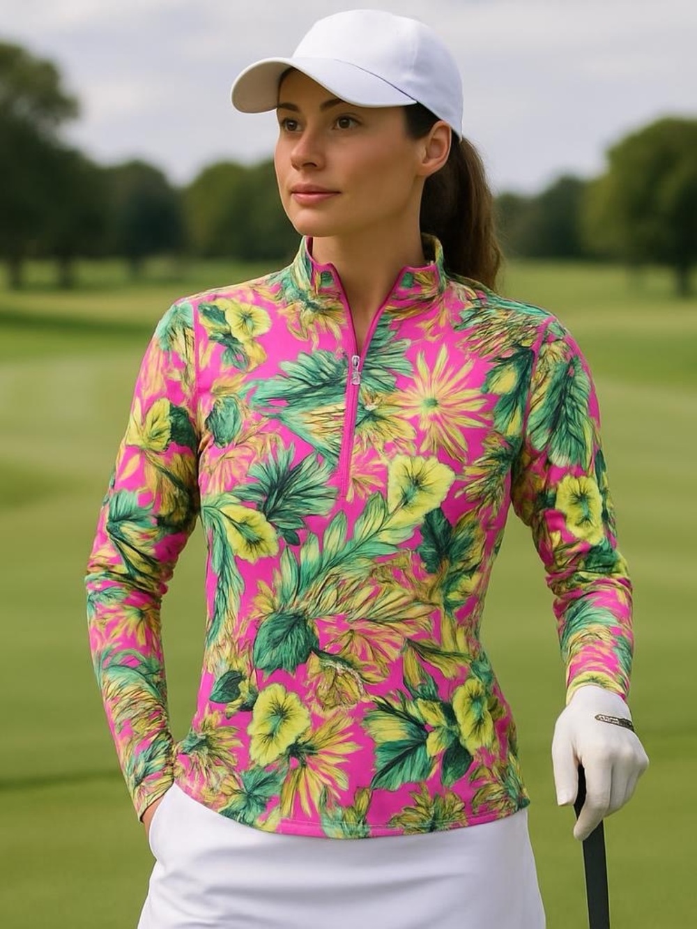 Tommy Bahama Golf Pink Tropical Zip-Up with‎ Green Leaf Print Size S